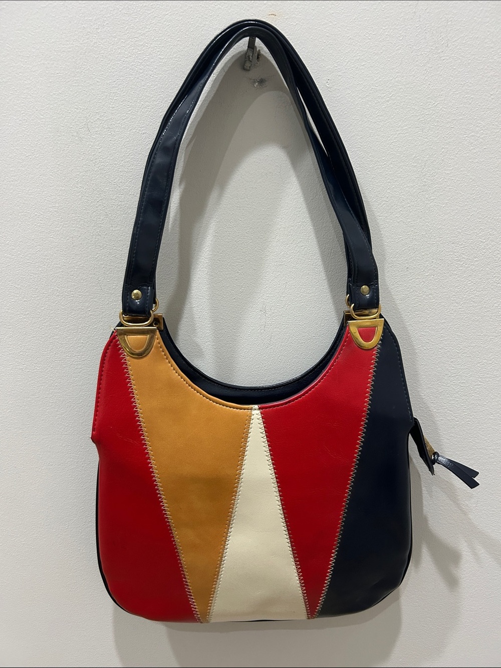 Vintage Patchwork Colorblock Leather Shoulder Bag - Red, Tan, Cream, Navy